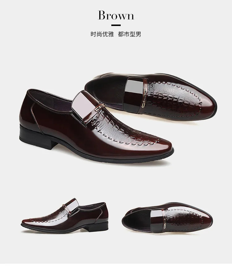 Patent Leather Business Men Shoes Formal Slip on Dress Shoes Men‘s Oxfords Footwear Alligator Pattern Leather Shoes for Man