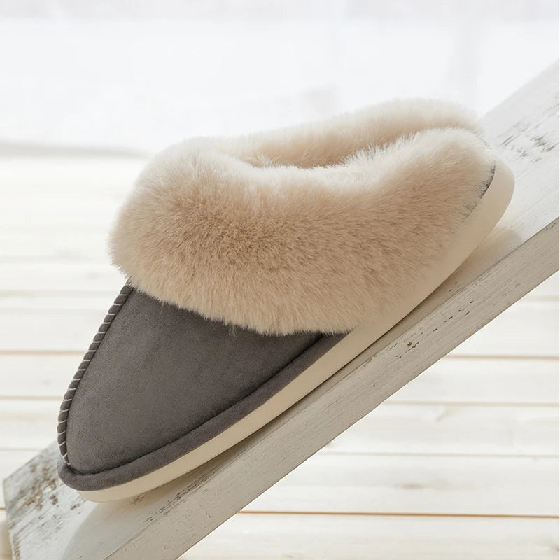 Warm Fur Indoor Home Slippers Women 2023 Winter Soft Plush Couple Cotton Padded Shoes Comfy Anti-Slip Flat Fluffy Slippers Woman