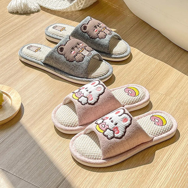 Comwarm Cute Cartoon Slippers For Women Summer Linen Woman' s Slippers Men Falt Flip Flops Indoor Home Non-Slip Cotton Slippers