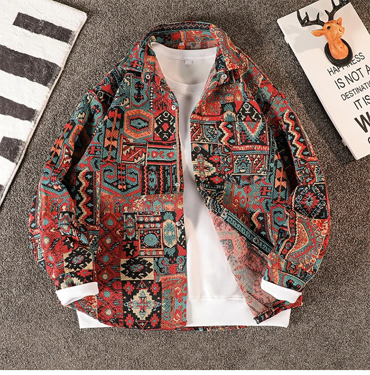 Autumn Lapel Ethnic Style Jacquard Shirt Men's Casual Loose High Street Jacket Men Tops Overcoat Shirts Male Clothes