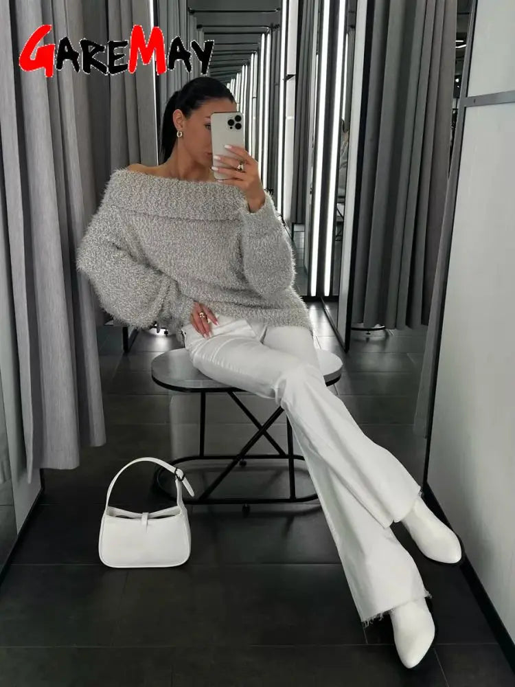 Sexy Women's knitted Sweater with Open Shoulders Autumn Winter Long Sleeve gray Fluffy Sweaters for Women Solid Oversize Sweater