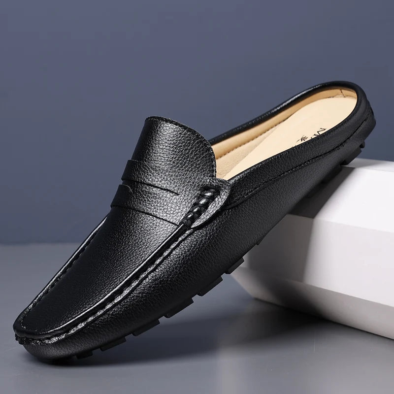 Leather Men’s Half Shoes for Men Comfortable Walking Shoe Casual Designer Shoes Slip-On Solid Color Loafers Flat Slippers 2024