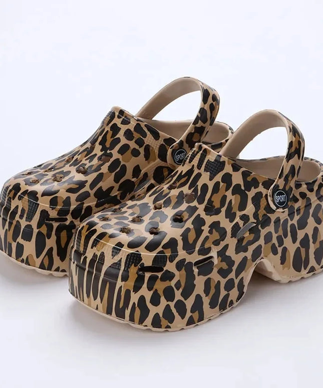 Rimocy Leopard Print 9Cm Women Hole Shoes Summer Thick Bottom Clogs for Woman Chunky Platform Slippers Non-Slip Garden Sandals