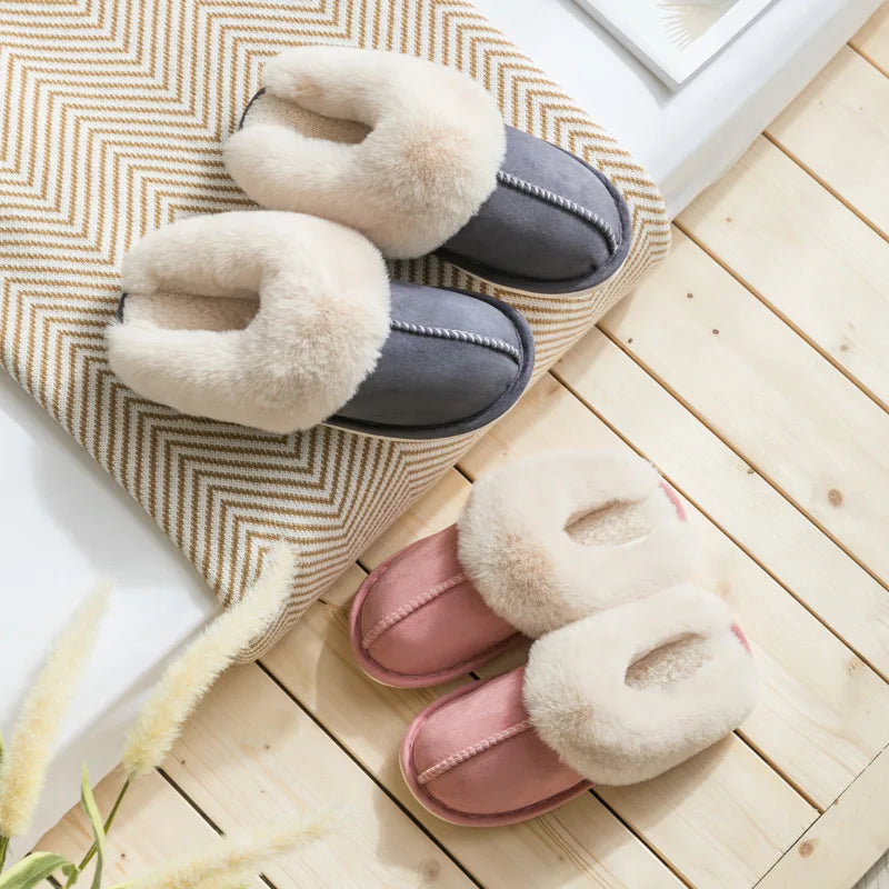 Warm Fur Indoor Home Slippers Women 2023 Winter Soft Plush Couple Cotton Padded Shoes Comfy Anti-Slip Flat Fluffy Slippers Woman