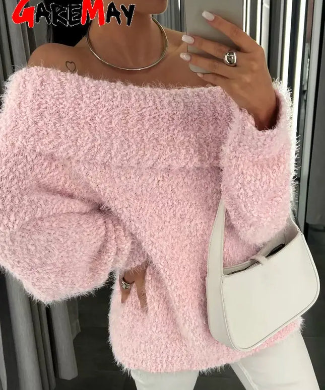 Sexy Women's knitted Sweater with Open Shoulders Autumn Winter Long Sleeve gray Fluffy Sweaters for Women Solid Oversize Sweater