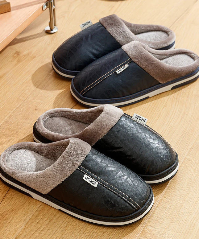 Men's slippers Winter Big Size Indoor Waterproof PU Leather Large Sizes Home Cotton shoes Fur Flat Cotton Bedroom Houseshoes