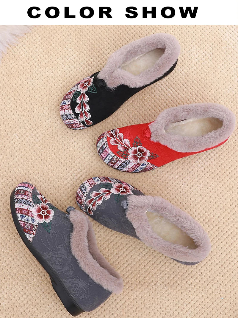 Women’s warm Plucked thickened shoes fashion embroidery patchwork shoes for lady lightweight soft comfortable non slip shoes