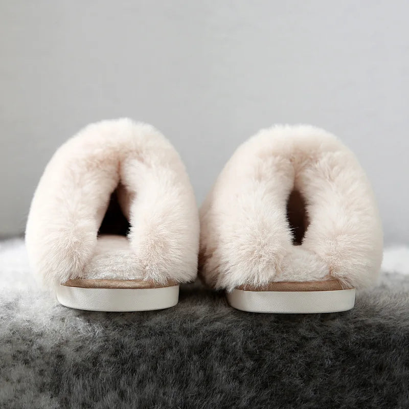 Warm Fur Indoor Home Slippers Women 2023 Winter Soft Plush Couple Cotton Padded Shoes Comfy Anti-Slip Flat Fluffy Slippers Woman