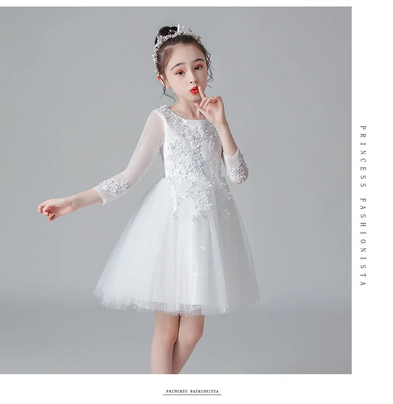 White Child Solid Lace Costume Evening Party Tutu Princess Kids Dresses For Baby Girl Formal Wedding Clothes 3 4 6 8 10 11Years