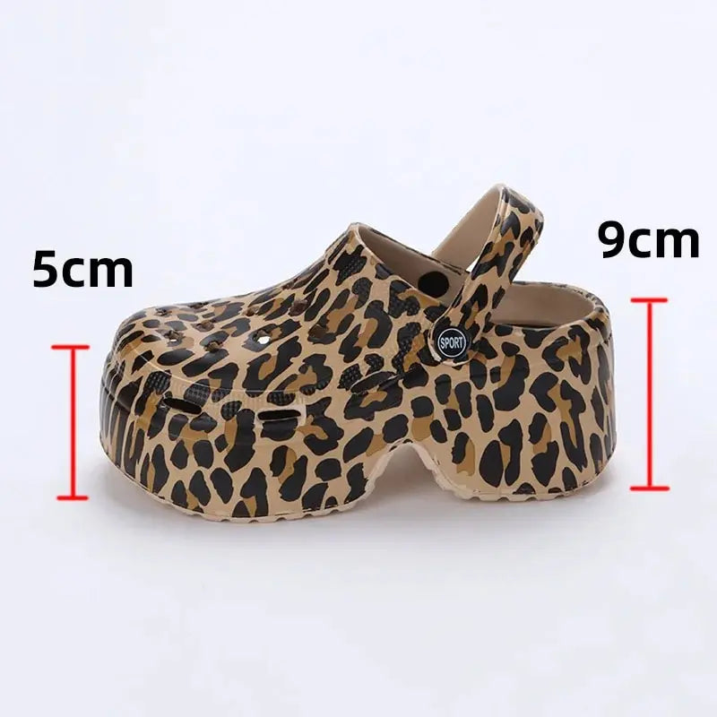 Rimocy Leopard Print 9Cm Women Hole Shoes Summer Thick Bottom Clogs for Woman Chunky Platform Slippers Non-Slip Garden Sandals