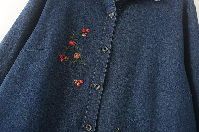 Loose Embroidered Denim Shirt for Women, Long Sleeve Coat, Plus Size, Spring and Autumn, New, 8930