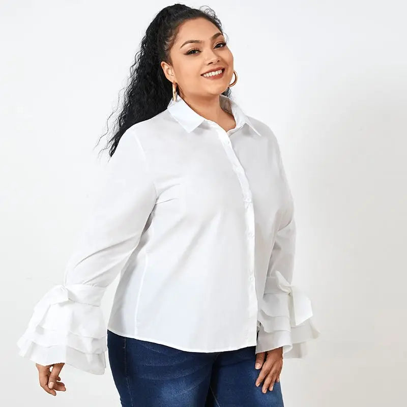 Plus Size 5XL VONDA Shirts White Blouse Women Autumn Long Flare Sleeve Tops Tunic Casual Solid Buttons Blusas Femininas