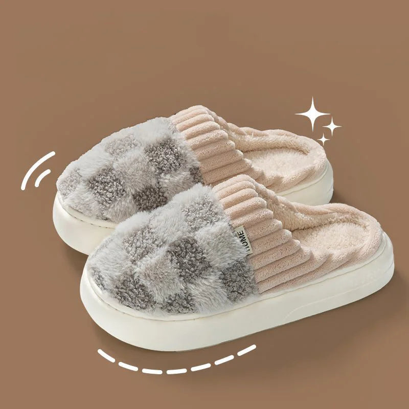 Fashion Couple Winter Slides Warm Plaid Fluffy Slippers Soft Sole Flip Flops For Women And Men Home Indoor Non-slip Cotton Shoes