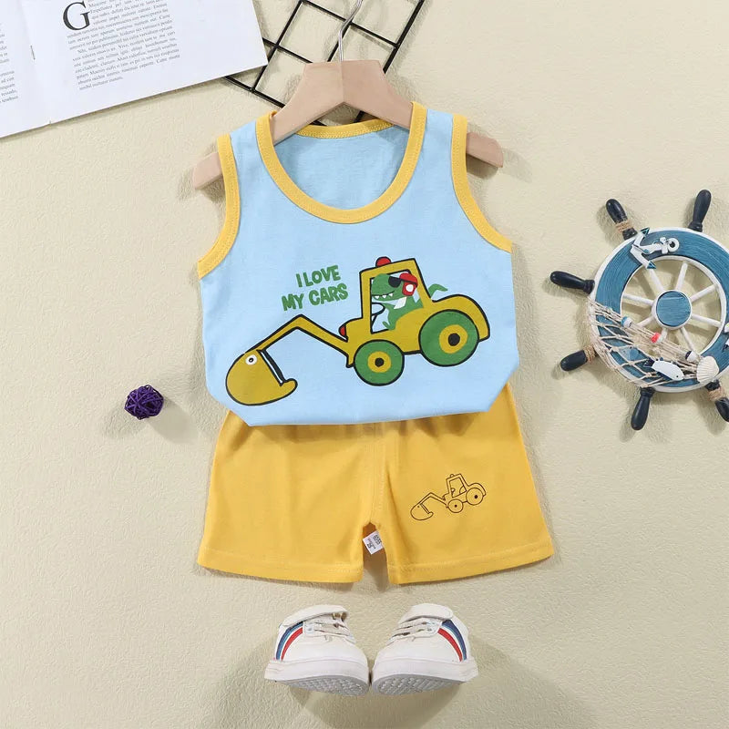 Boys Vest Set Summer Cotton New Clothes Children's Sleeveless Cartoon Wool Comfort Set Class A Thin Two-piece Set for 6-9months