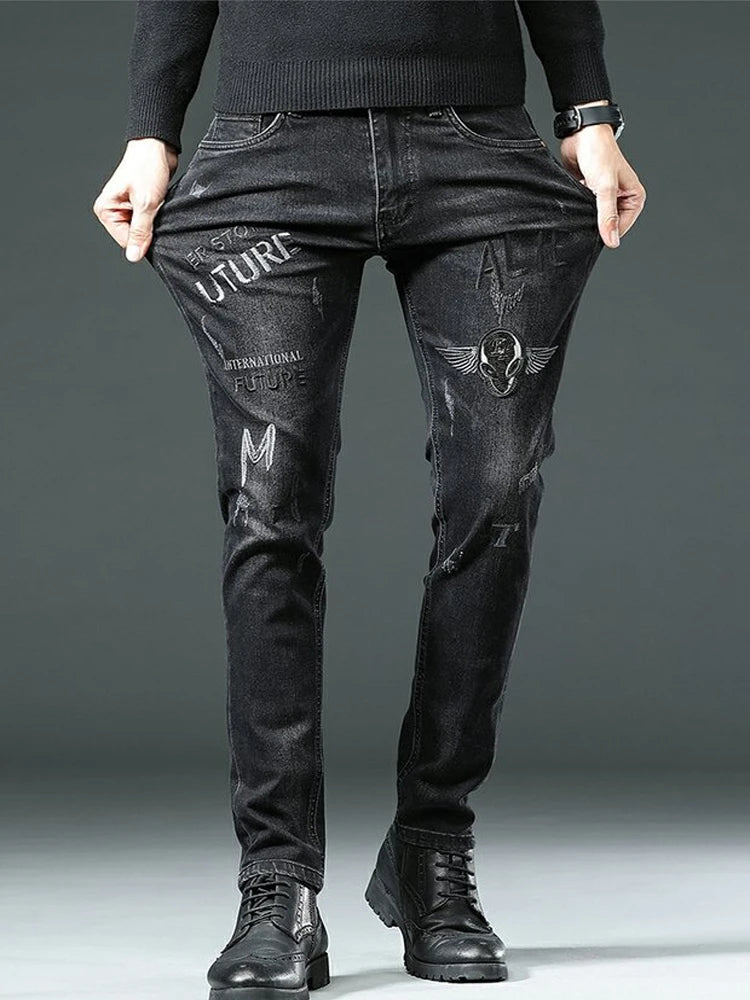 High End Stylish Classic Distinctive Printed Black Stretch Denim Jeans for Men High Quality Slim Fit Stretch Luxury Denim Pants