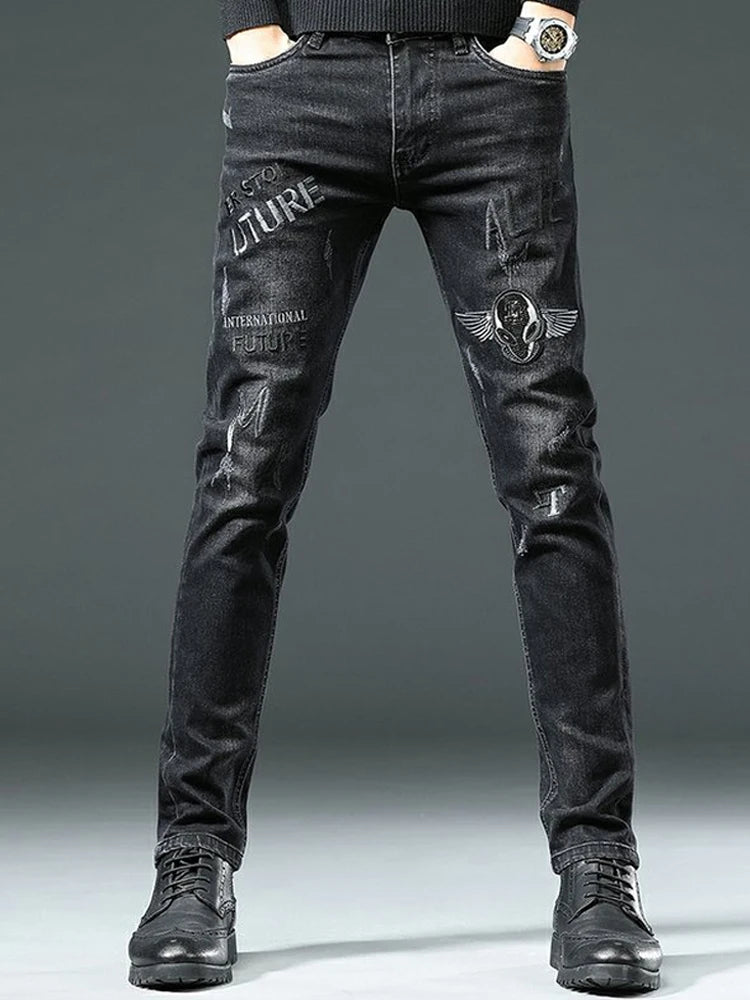 High End Stylish Classic Distinctive Printed Black Stretch Denim Jeans for Men High Quality Slim Fit Stretch Luxury Denim Pants