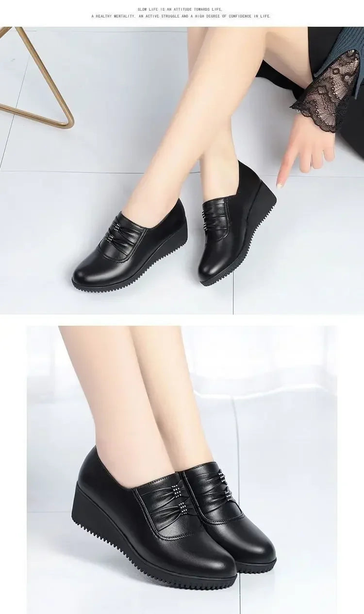 Autumn Mom PU Leather Flat Platform Winter Comfort Black Women‘s Shoes Loafers Wedges Heel Female Ballet Shoes Casual Round Head