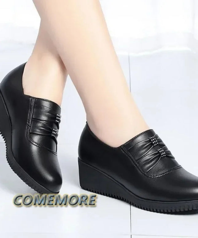 Autumn Mom PU Leather Flat Platform Winter Comfort Black Women‘s Shoes Loafers Wedges Heel Female Ballet Shoes Casual Round Head