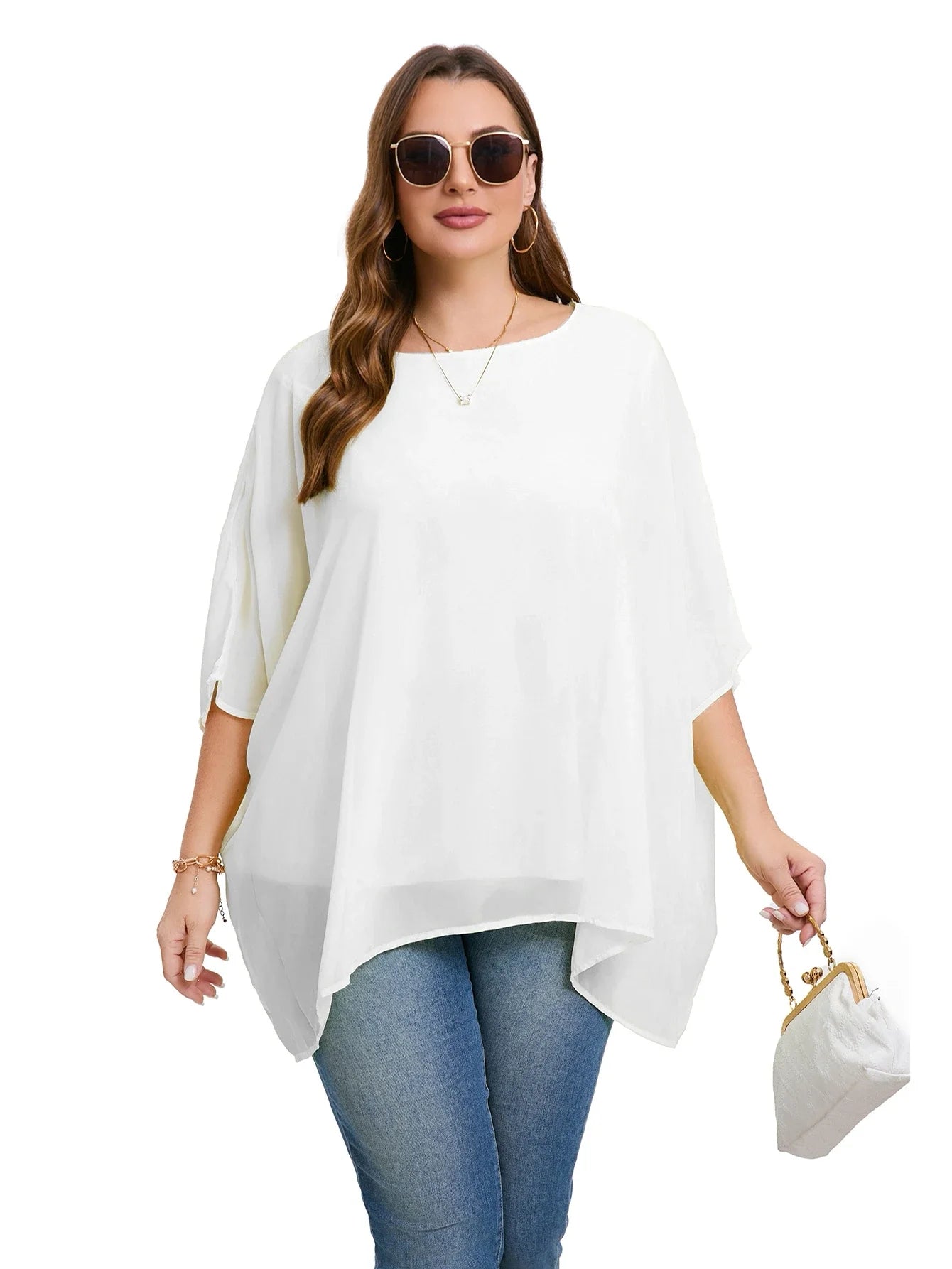 Womens Plus Size Elegant Summer Blouse Batwing Sleeve Oversized Chiffon Blouse Scoop Neck Large Size Casual Tunic Top Shirt 4XL