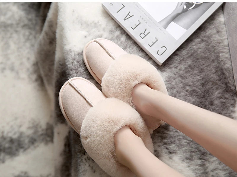 Warm Fur Indoor Home Slippers Women 2023 Winter Soft Plush Couple Cotton Padded Shoes Comfy Anti-Slip Flat Fluffy Slippers Woman