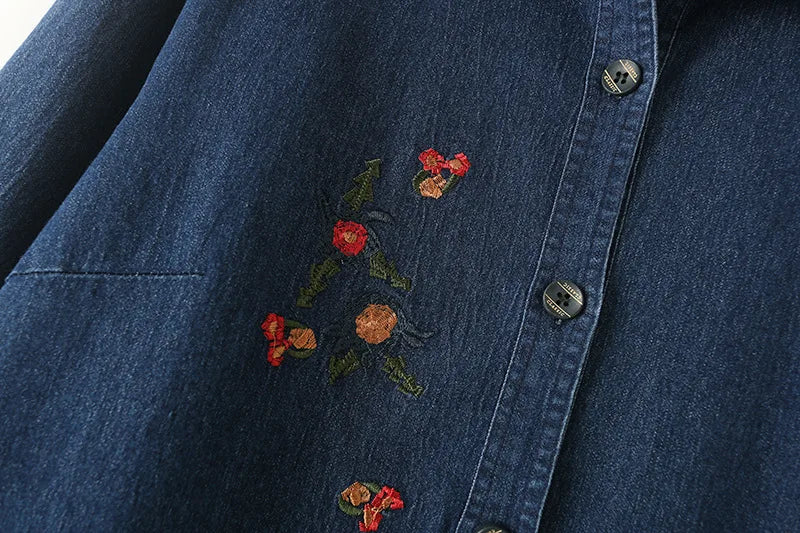 Loose Embroidered Denim Shirt for Women, Long Sleeve Coat, Plus Size, Spring and Autumn, New, 8930