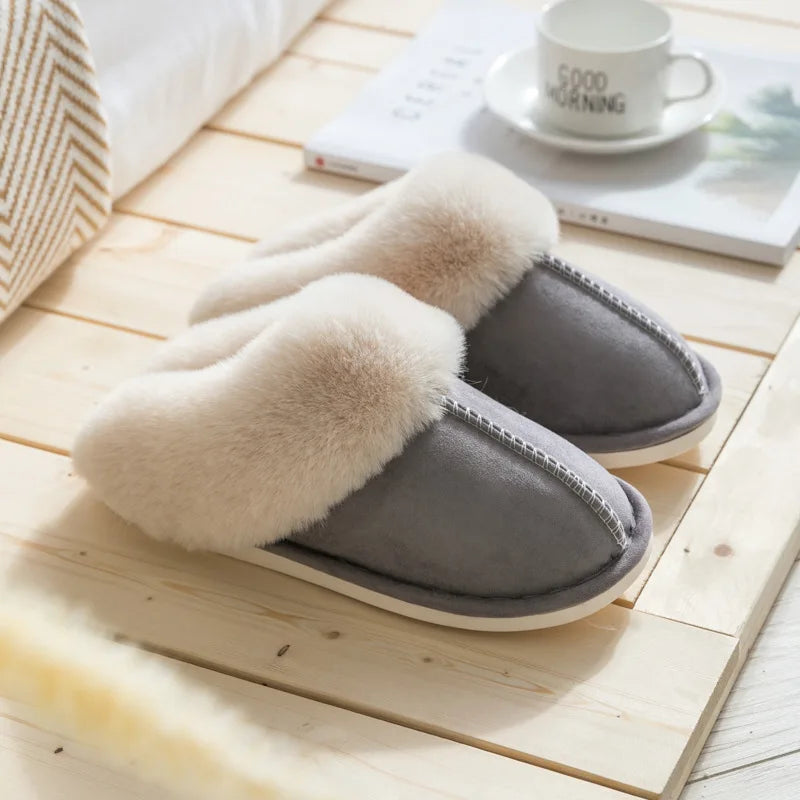 Warm Fur Indoor Home Slippers Women 2023 Winter Soft Plush Couple Cotton Padded Shoes Comfy Anti-Slip Flat Fluffy Slippers Woman