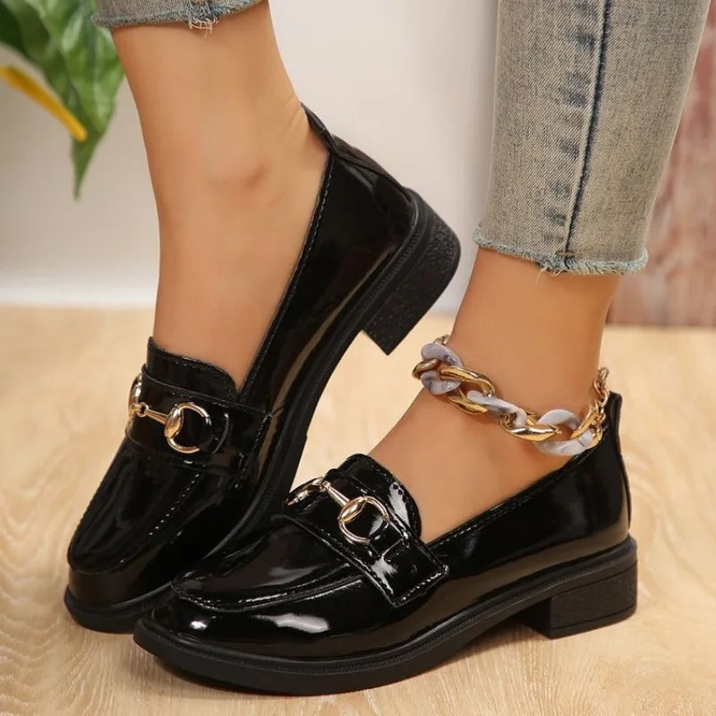 2024 Spring Women’s Leather Shoes British Style Metal Chain Black Mary Jane Low Heels Ladies Casual Loafers Plus Size 43