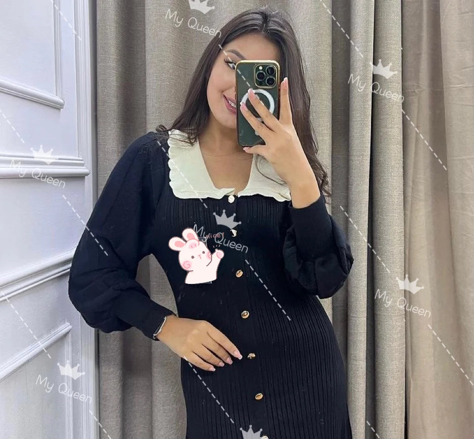 YuooMuoo Korean Fashion Knitted Sweater Dress 2024 Autumn Winter Elegant  A-line Shirt Dress Chic Lady Black Birthday Vestidos