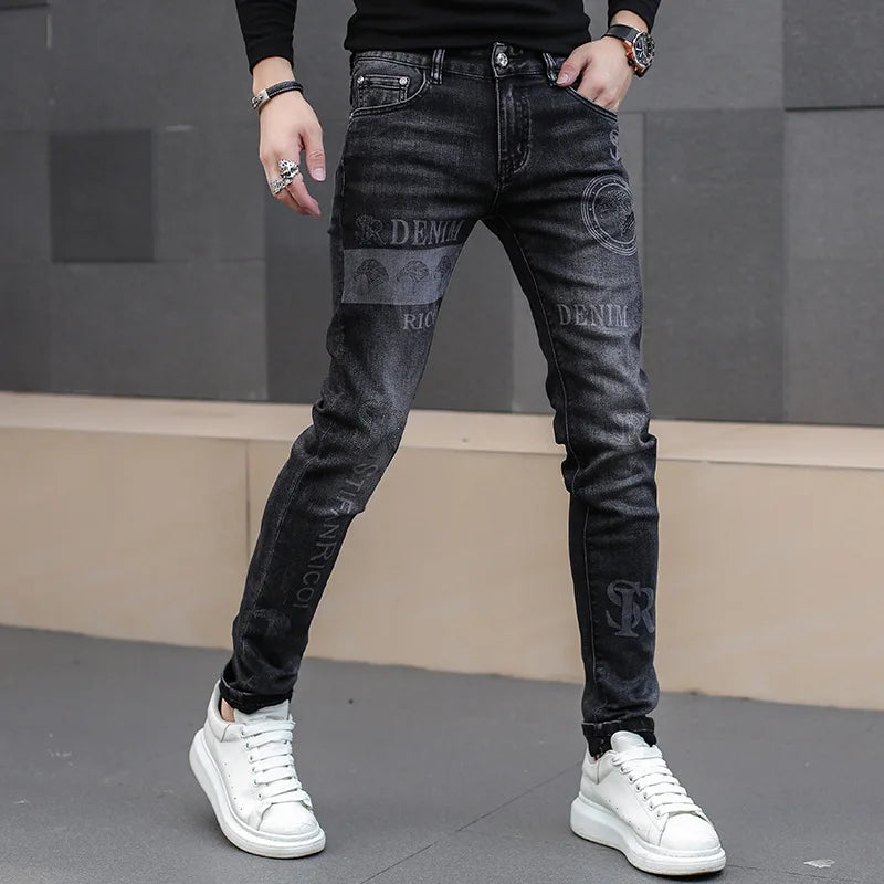 High End Stylish Classic Distinctive Printed Black Stretch Denim Jeans for Men High Quality Slim Fit Stretch Luxury Denim Pants