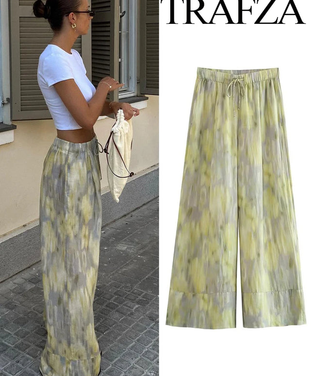 TRAFZA Woman Fashion Vintage Printed Trousers Summer Woman Tie-dye Patchwork High Waist Bow Tie Elastic Waist Wide Leg Pants