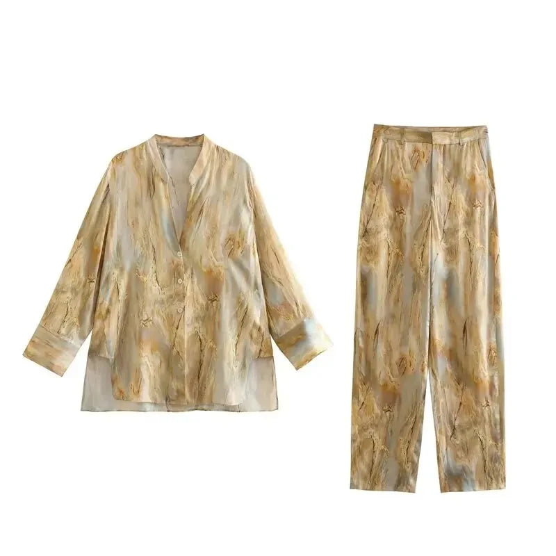 TRAFZA Woman Fashion Vintage Printed Trousers Summer Woman Tie-dye Patchwork High Waist Bow Tie Elastic Waist Wide Leg Pants