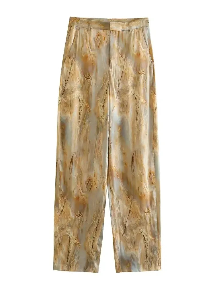 TRAFZA Woman Fashion Vintage Printed Trousers Summer Woman Tie-dye Patchwork High Waist Bow Tie Elastic Waist Wide Leg Pants