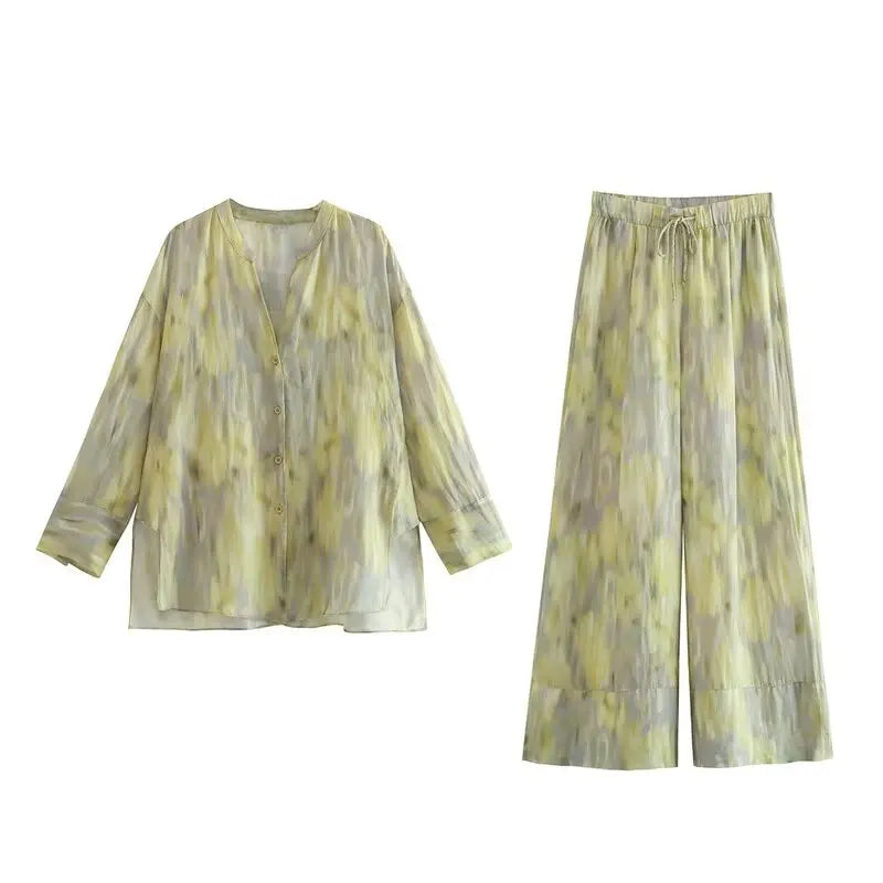TRAFZA Woman Fashion Vintage Printed Trousers Summer Woman Tie-dye Patchwork High Waist Bow Tie Elastic Waist Wide Leg Pants