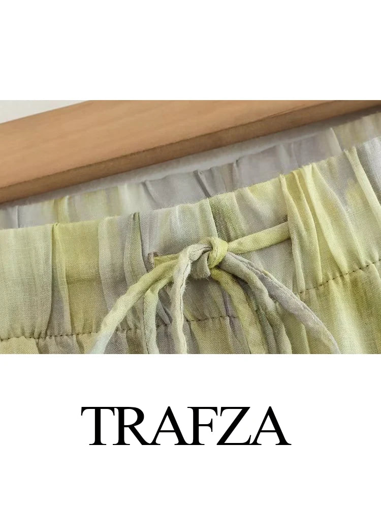 TRAFZA Woman Fashion Vintage Printed Trousers Summer Woman Tie-dye Patchwork High Waist Bow Tie Elastic Waist Wide Leg Pants