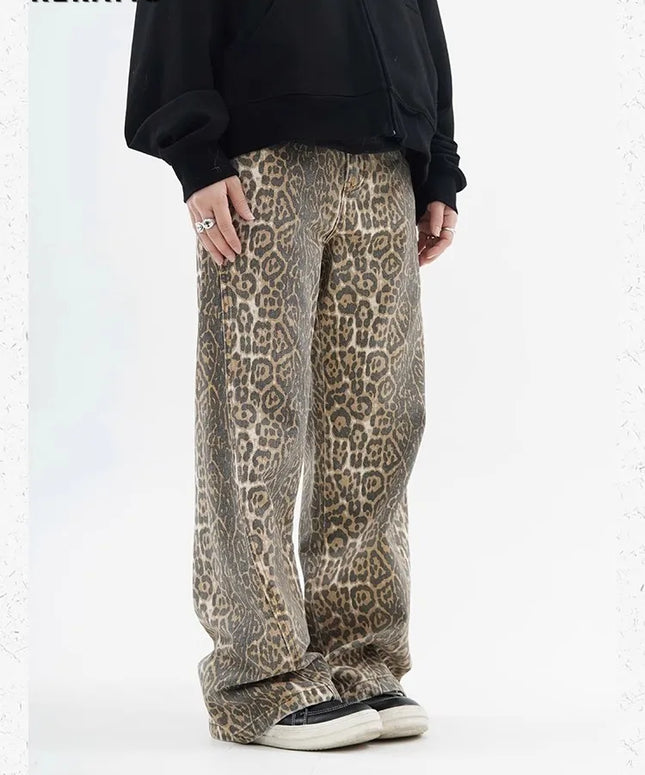 Vintage Leopard Print Jeans Women Spring Oversize Casual Hip Pop Wide Leg Trouser Trend High Waist Panther Denim Pants Ladies